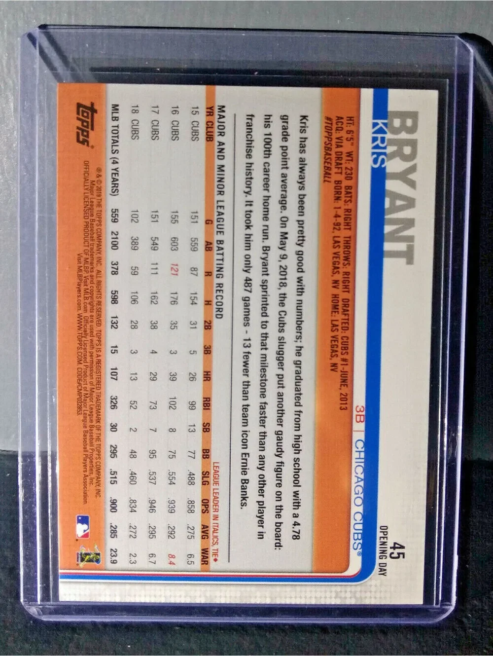 2019 Kris Bryant Opening Day Topps #45 Baseball Card